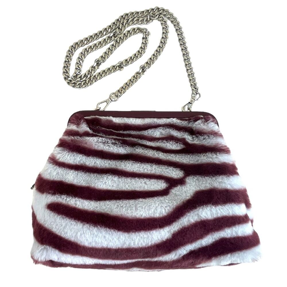 Zara Minky Zebra Print Purse Chain Strap Maroon White NEW with Flaws See Photos